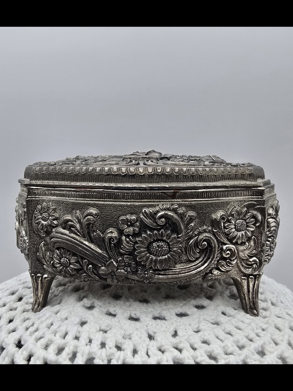 Ornate Floral Silver-Tone Trinket Jewelry Box
